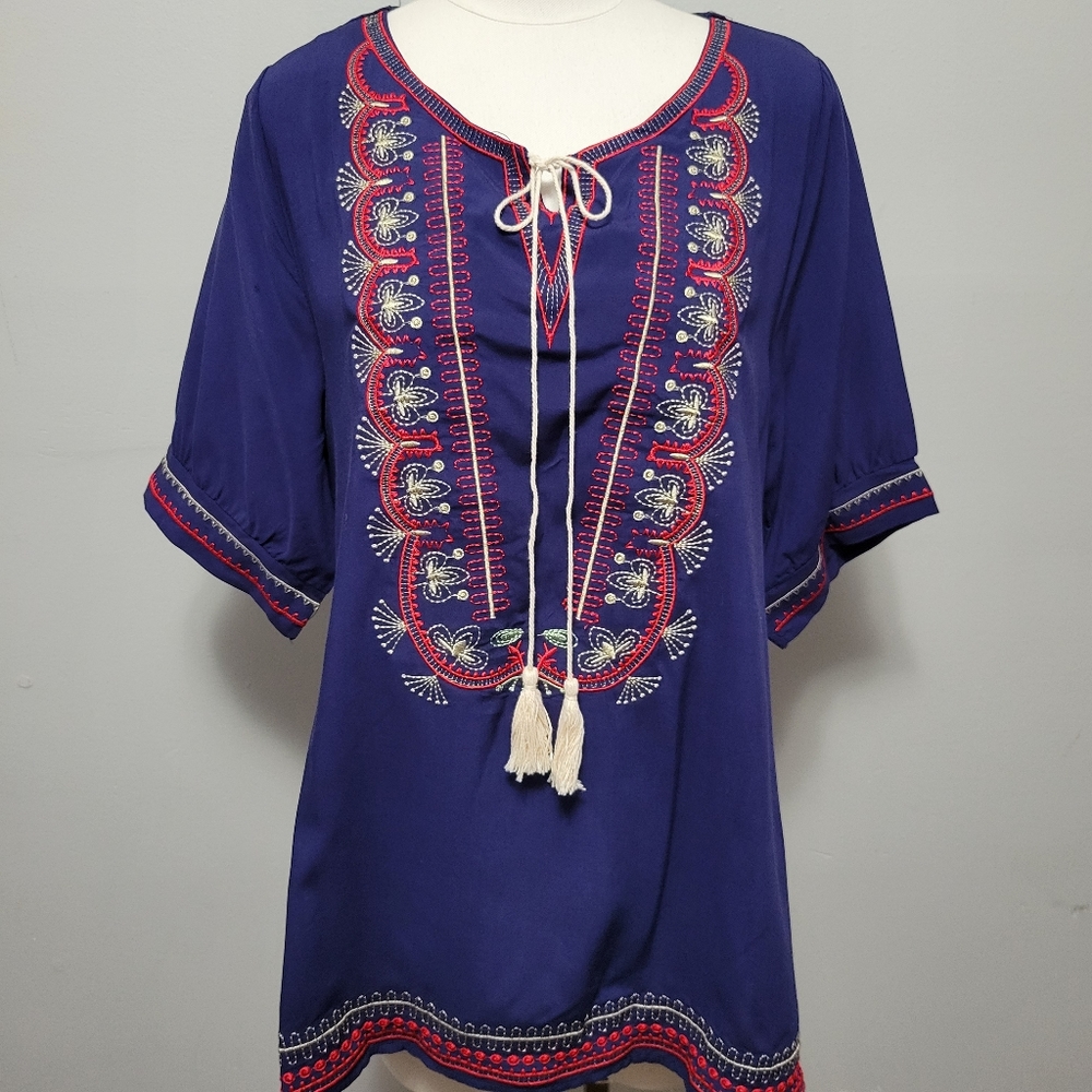 Simply Couture blue embroidered tassel tie tunic size large